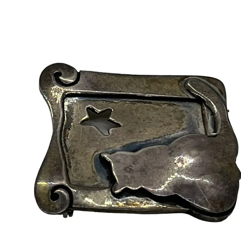 Far Fetched 925 Silver Cat Kitten Window Star Retro Brooch / Pin Women Uncleaned